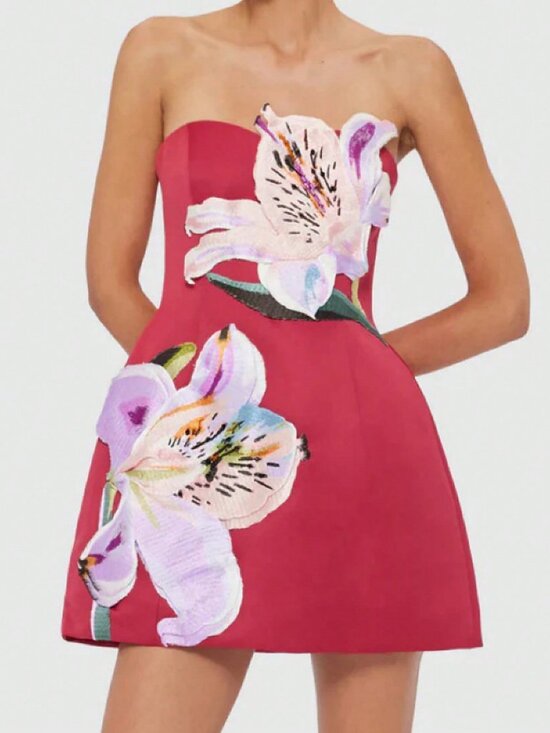Dresses & Skirts - Red Casual Women's 3d Flower A-Line Strapless Mini Dress